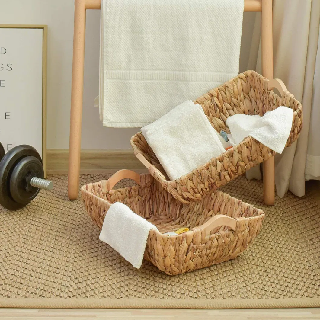 Natural Rattan Water Hyacinth Storage Basket with Wooden Handle