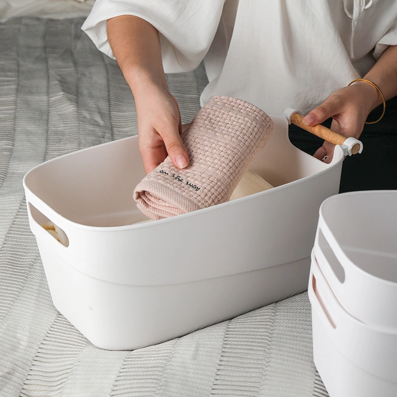 Multifunctional White Storage Basket Plastic Toy Storage Basket Double Ears Thickened Wooden Handle Storage Basket