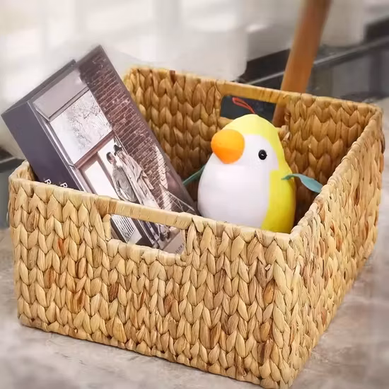 Set 3 cestini portaoggetti in giacinto d'acqua con manico in legno